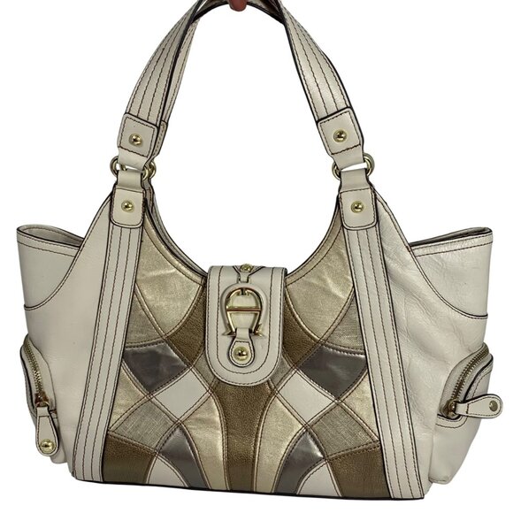 VTG ETIENNE AIGNER Large Patchwork Leather Handbag Gold Accent, Snap Closure EUC - Picture 1 of 13